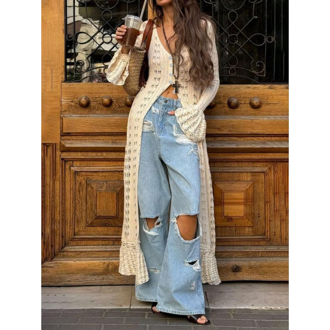 ADOWBI™ - Cardigan ajusté à boutons avec manches à volants chic