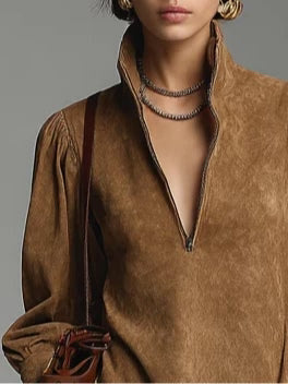 MONTANA™ | Robe Mini en Suède Marron avec Zip et Col Roulé