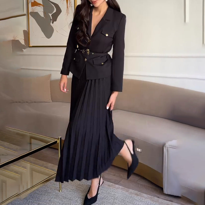 EMILIE™ - Ensemble Blazer Ceinturé Chic et Jupe Plissée